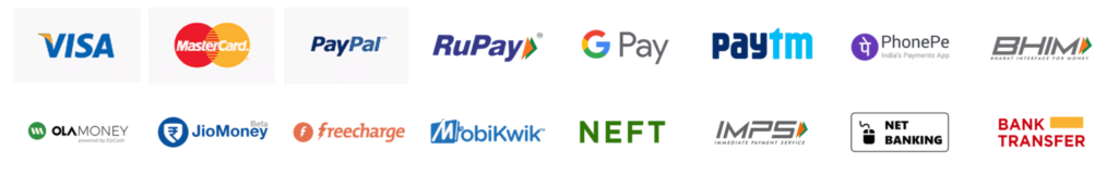 Accepted Payment Methods - Visa, MasterCard, UPI, GPay, PhonePe, Paytm